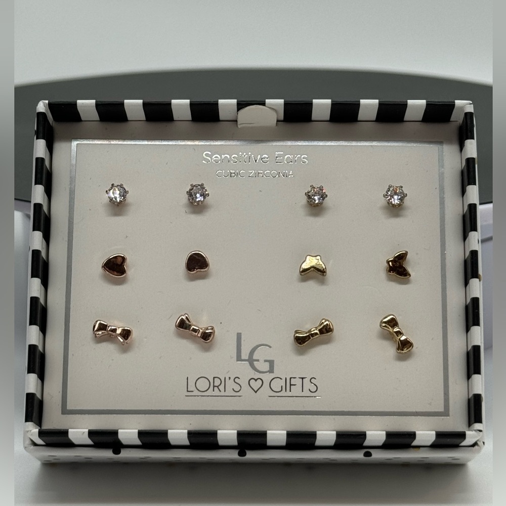 Box Set 6 Pairs Gold  and Rose Gold Tone Post Earrings Bow